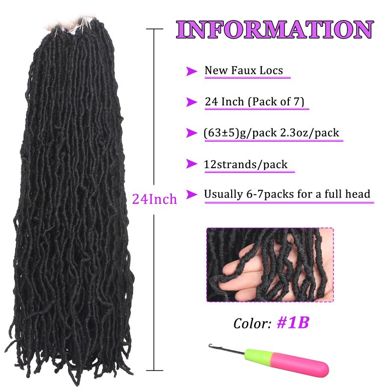 ZRQ 24 Inch 7Packs New Faux Locs Goddess Curly Wavy Crochet Braids Hair Natural Black Synthetic Most Natural Soft Locs Crochet Dreadlock Hair Extensions for Woman (24 Inch, 1B#) - Image 2